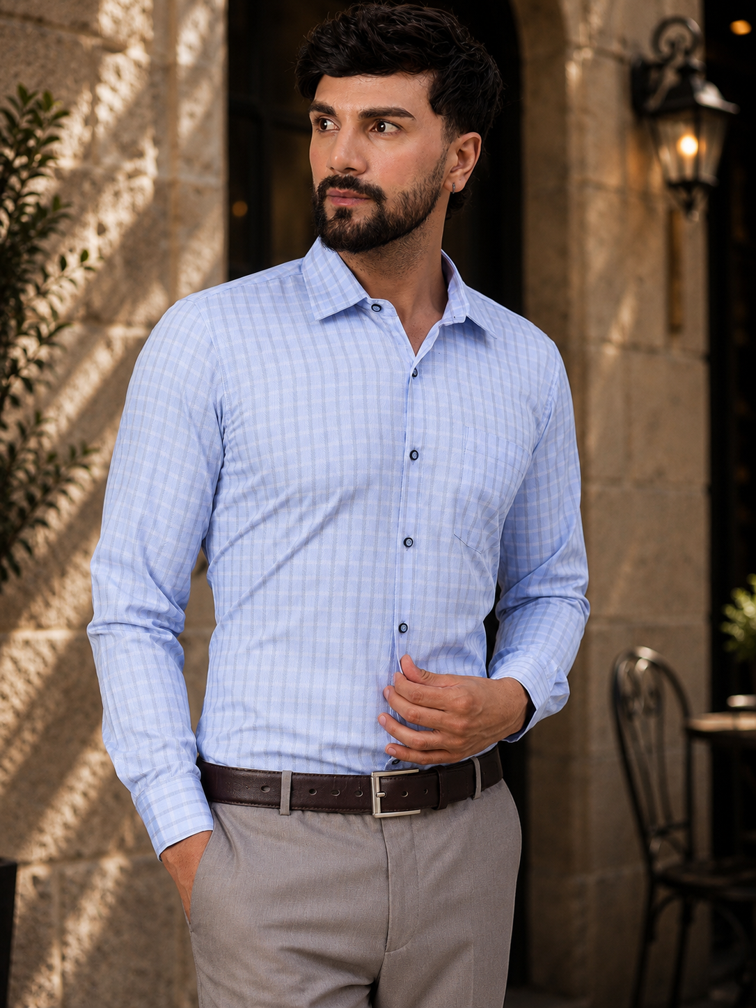 Men Sky Blue Micro-Checkered Cotton Shirt