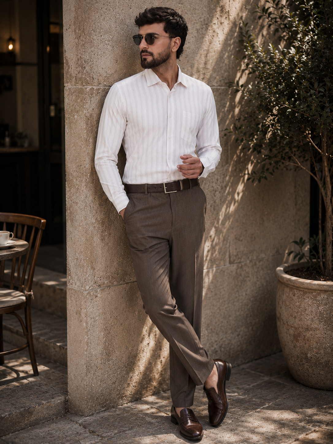 Elegant Cream And White Striped Satin Shirt for Men