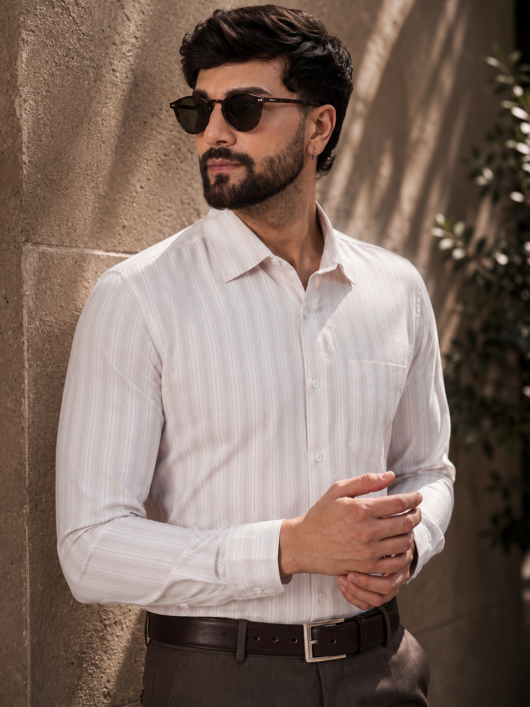 Elegant Cream And White Striped Satin Shirt for Men
