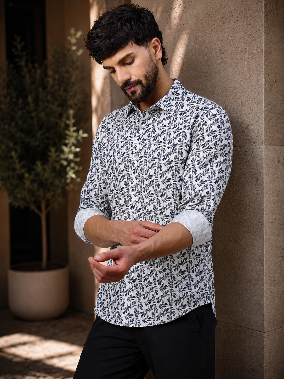 Men White Cotton Navy Leaf Printed shirt