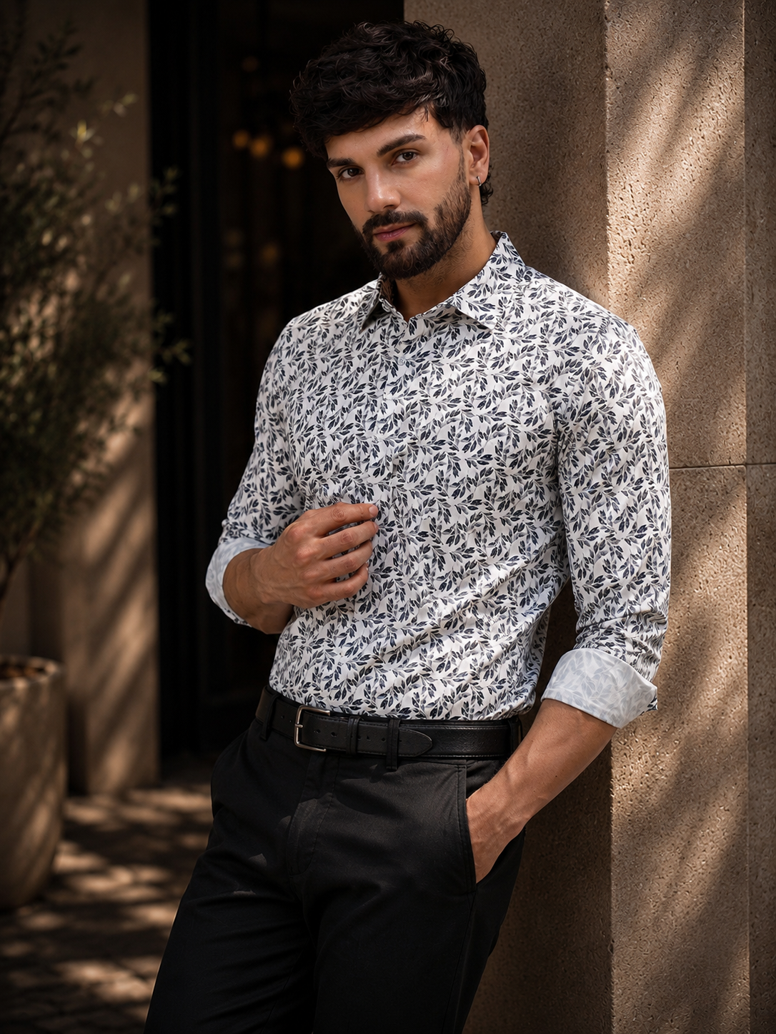 Men White Cotton Navy Leaf Printed shirt