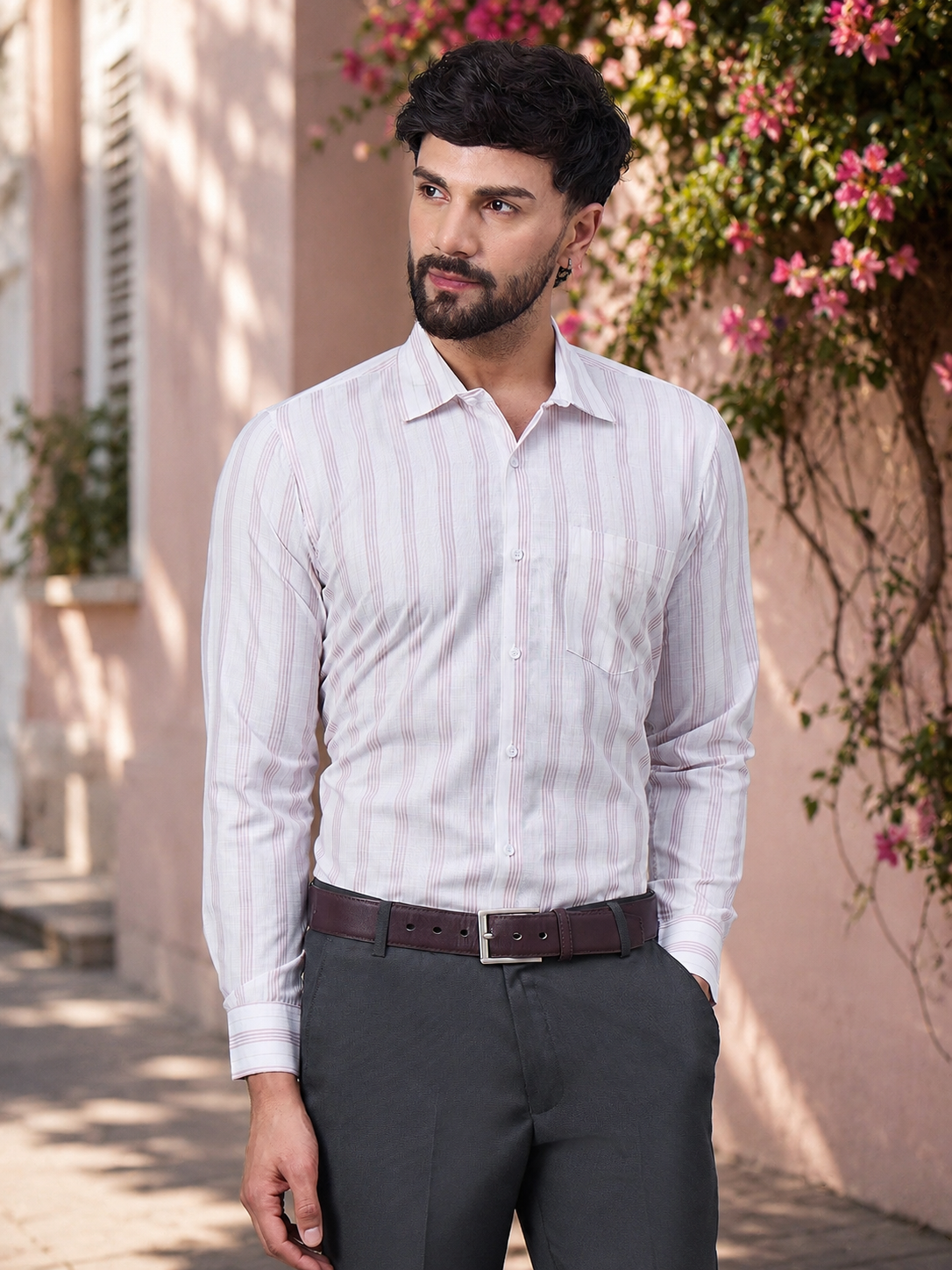 Men Elegant White & Pink Vertical Striped Slub Cotton Shirt