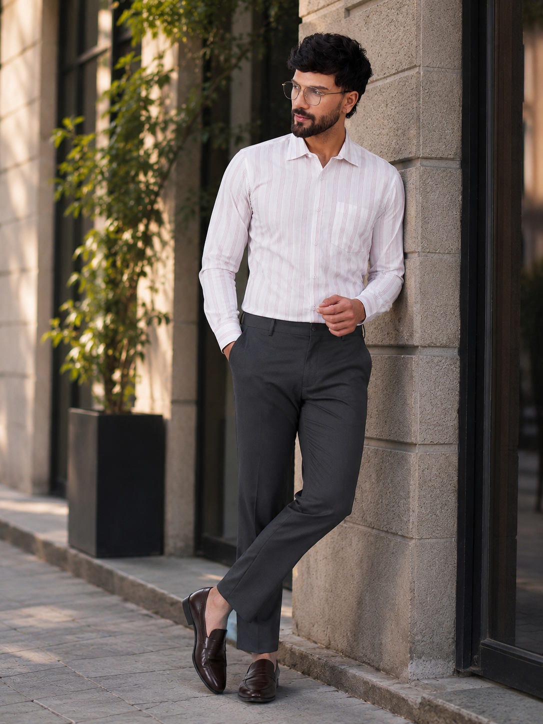 Men Elegant White & Pink Vertical Striped Slub Cotton Shirt