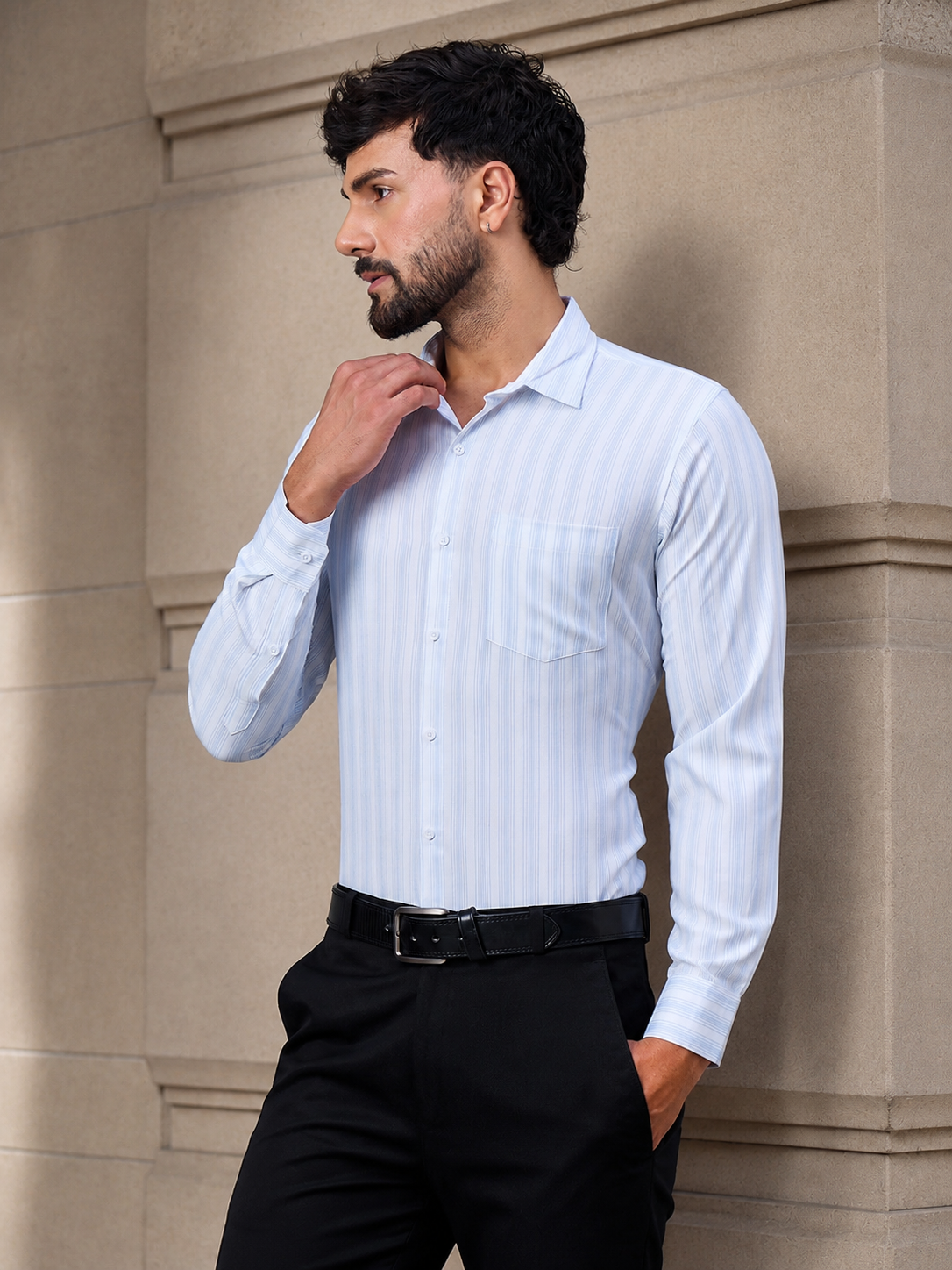 Men Classic Sky Blue Striped Satin Shirt
