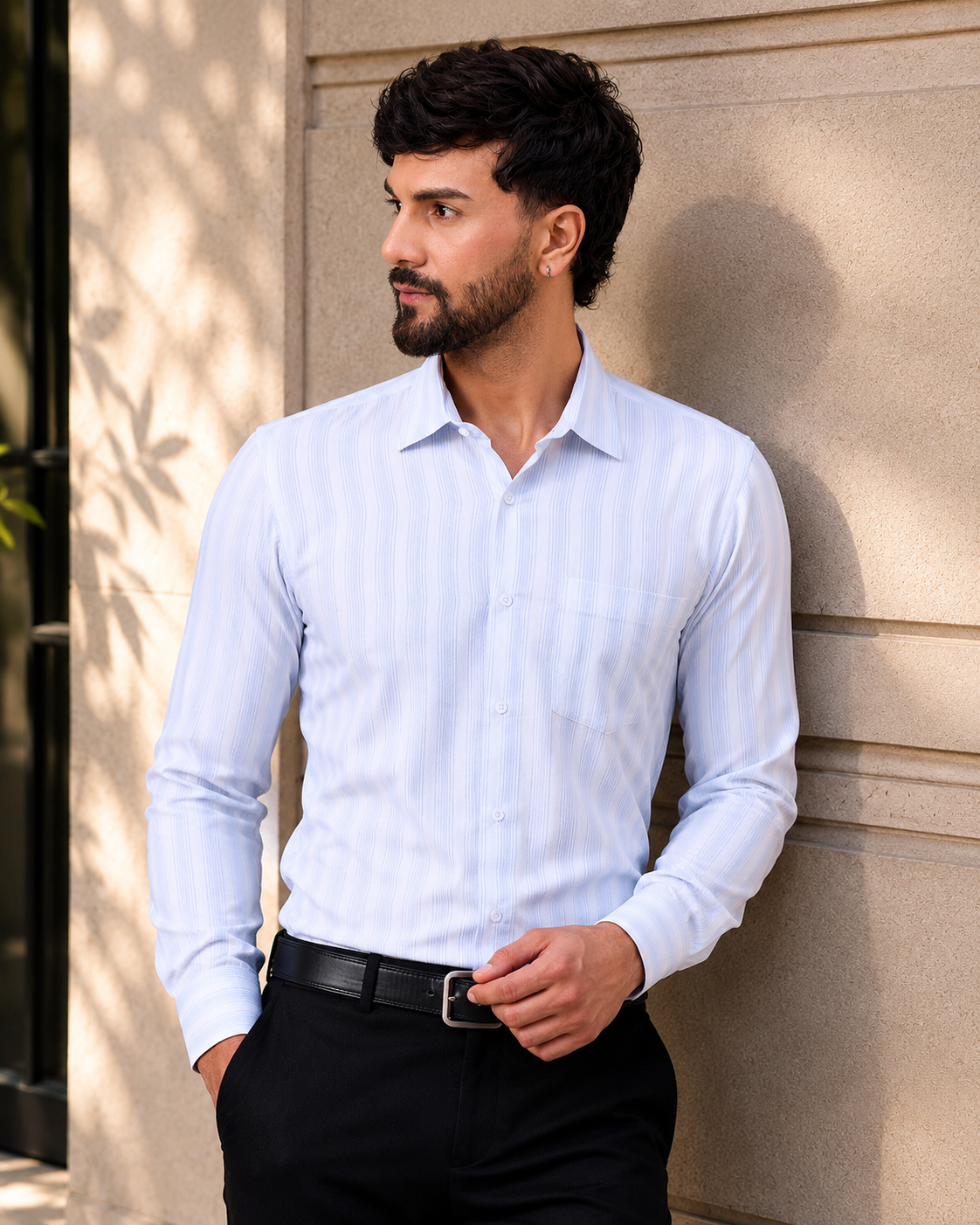 Men Classic Sky Blue Striped Satin Shirt