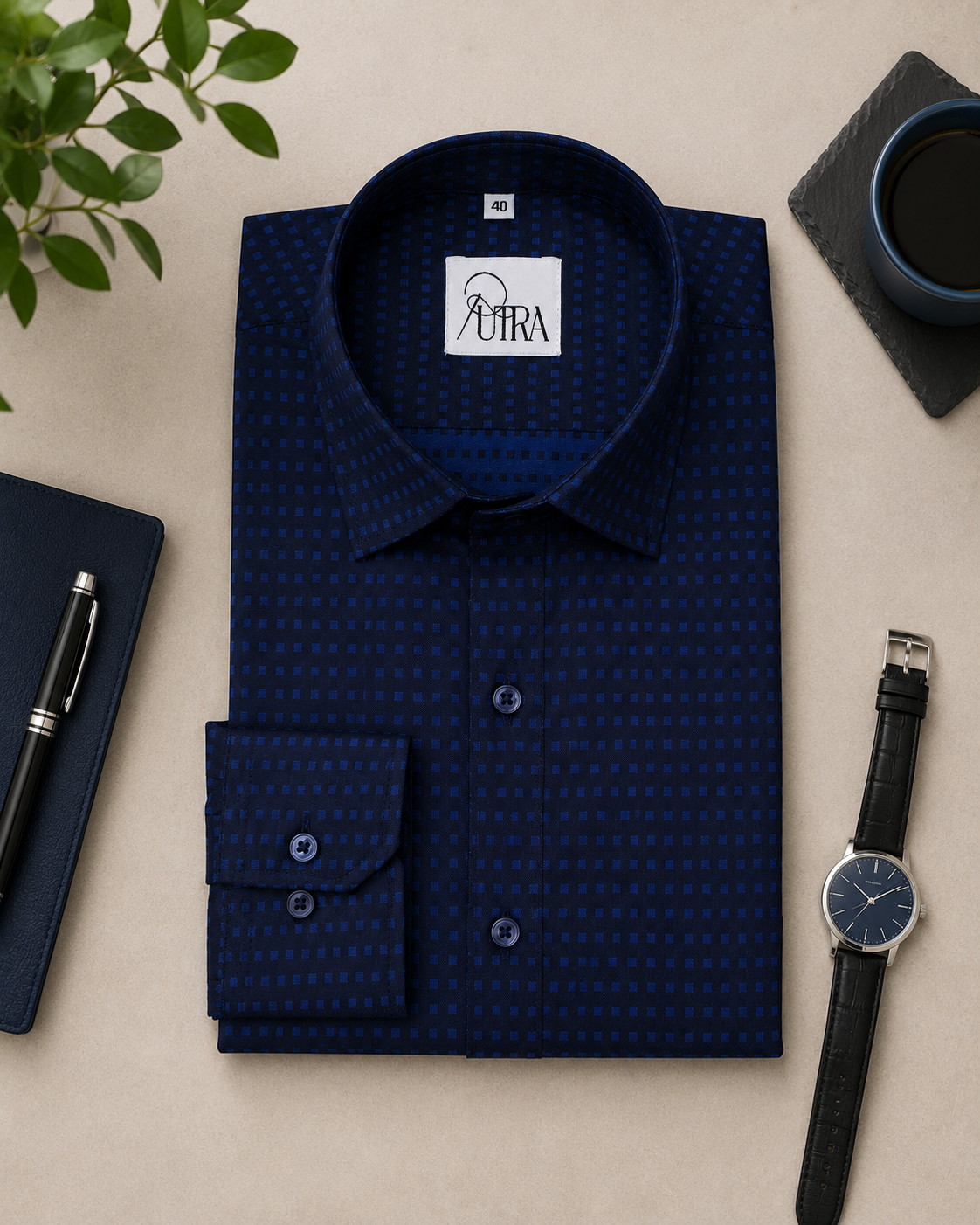 Sophisticated Navy Blue Checkered 100% Cotton Yarn-Dyed Shirt