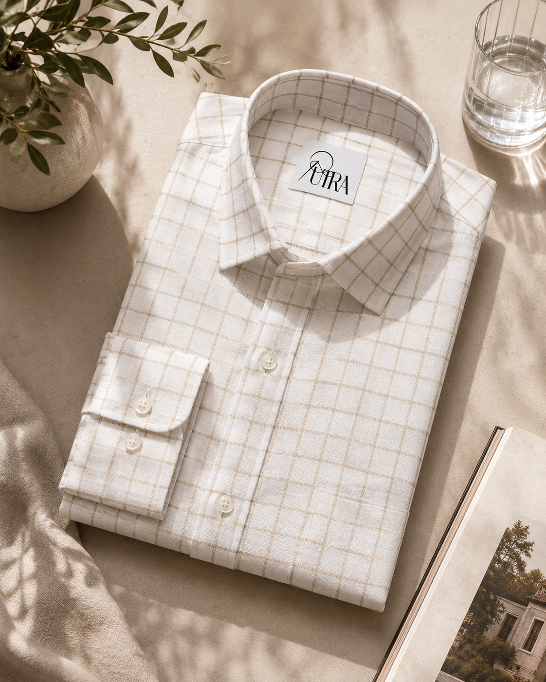 Mens Elegant Beige Grid Cotton Slub Shirt