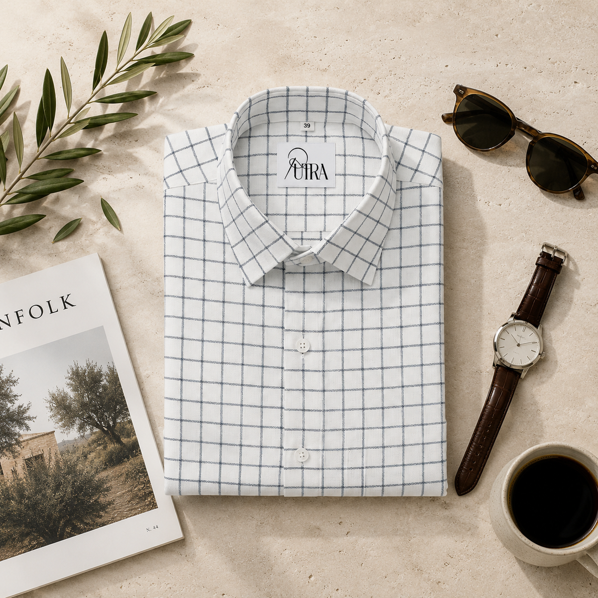 Classic White and Navy Checked Cotton Slub Shirt