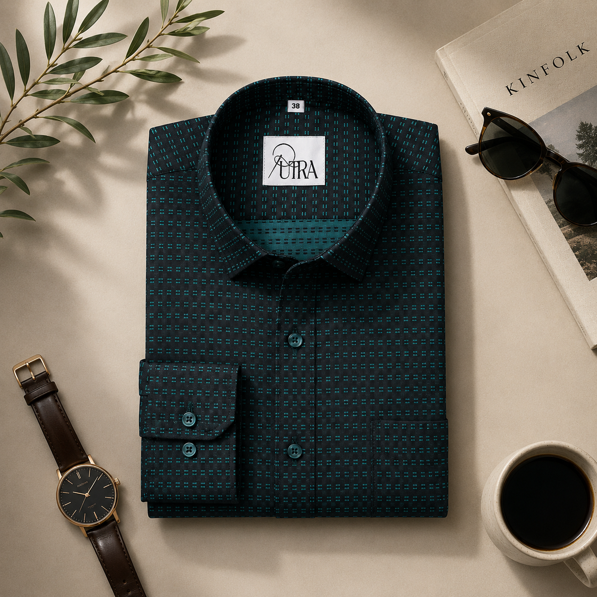Sophisticated 100% Cotton Yarn-Dyed Shirt – Modern Teal and Black Pattern