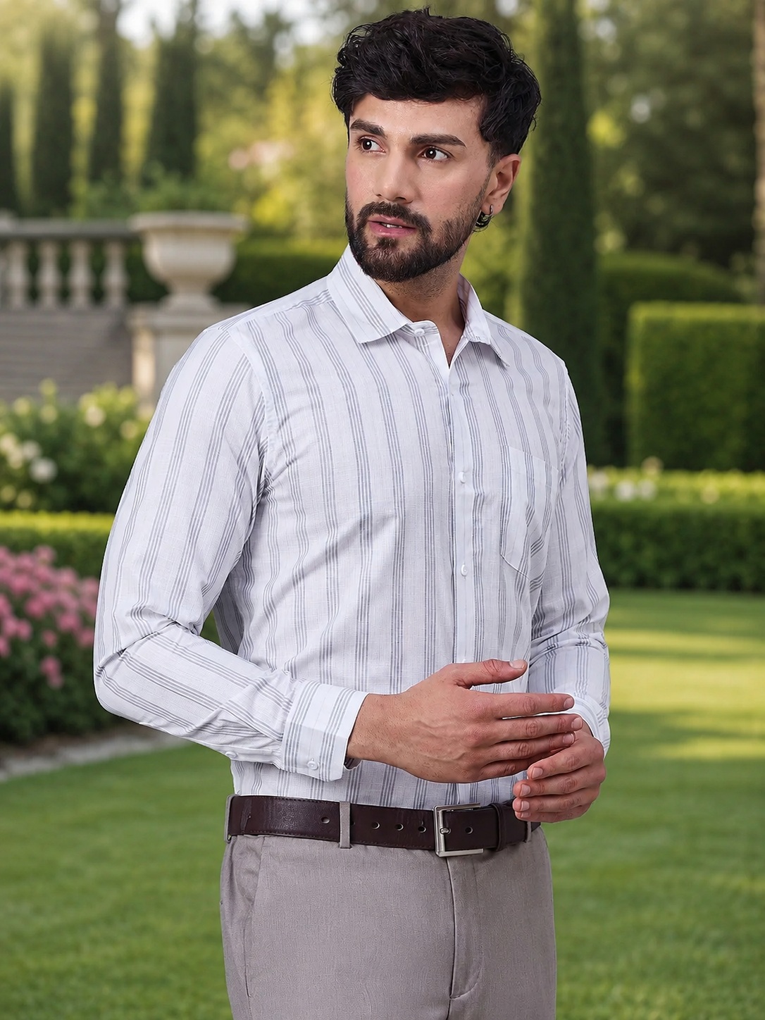 Men White & Grey Vertical Striped Slub Cotton Shirt