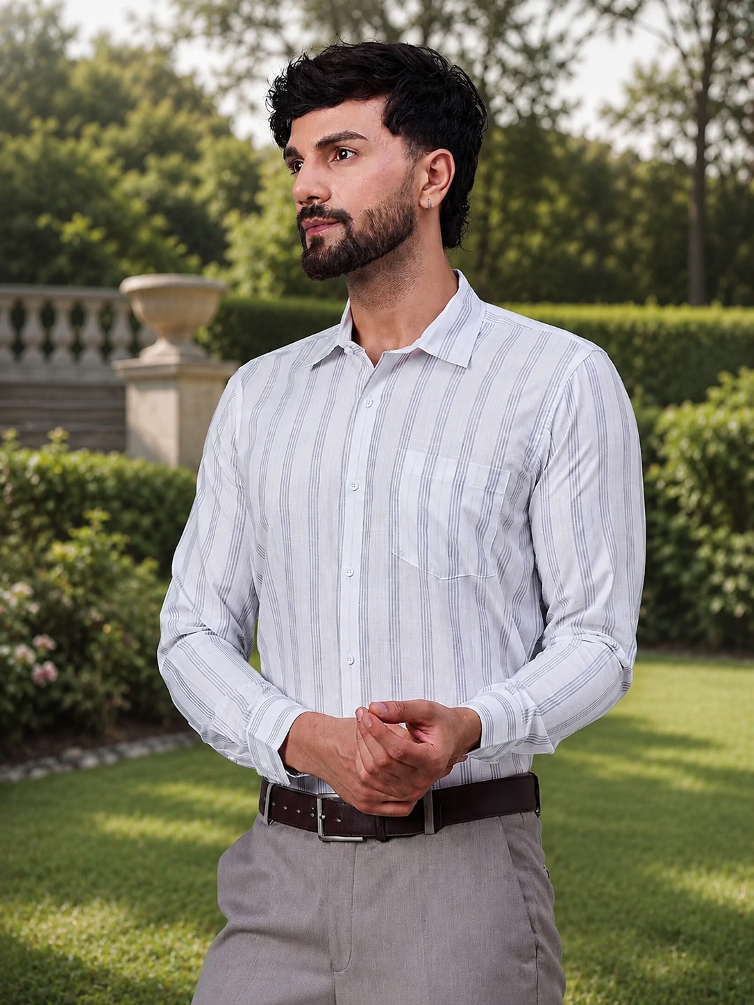 Men White & Grey Vertical Striped Slub Cotton Shirt