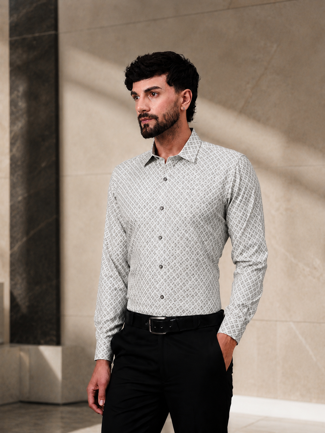 Cream Formal Shirt with Geometric Pattern