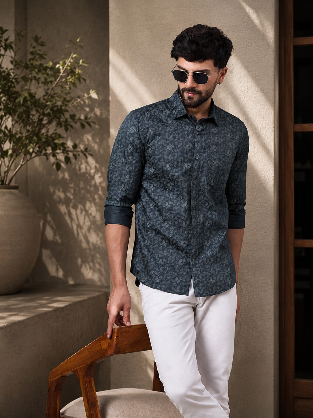Men Slate Green Satin Shirt with Subtle Leaf Print
