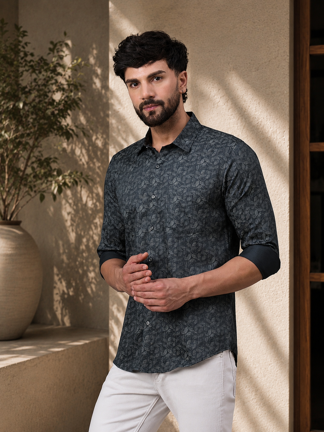 Men Slate Green Satin Shirt with Subtle Leaf Print