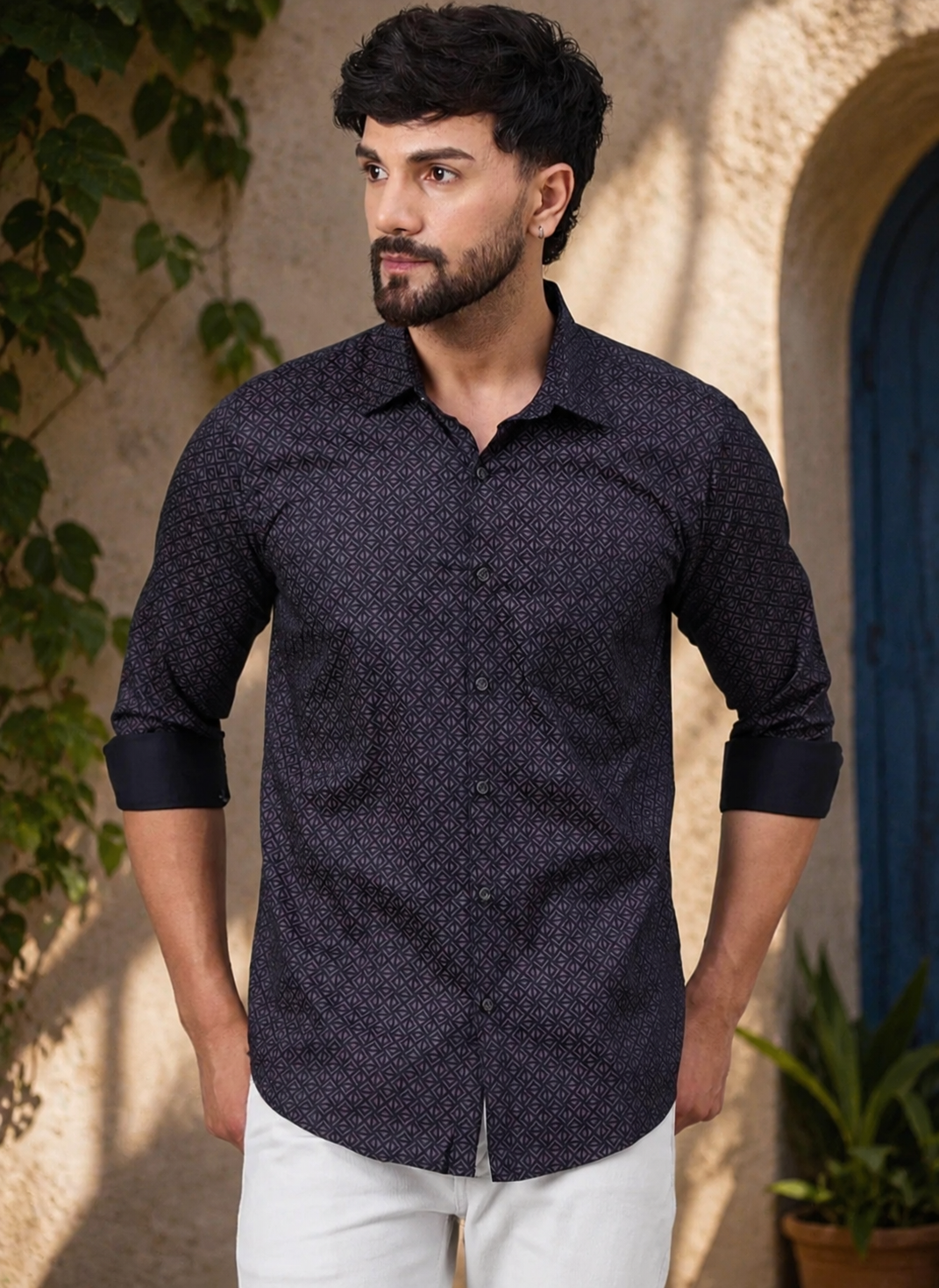 Men Charcoal Black and Mauve Geometric Print shirt