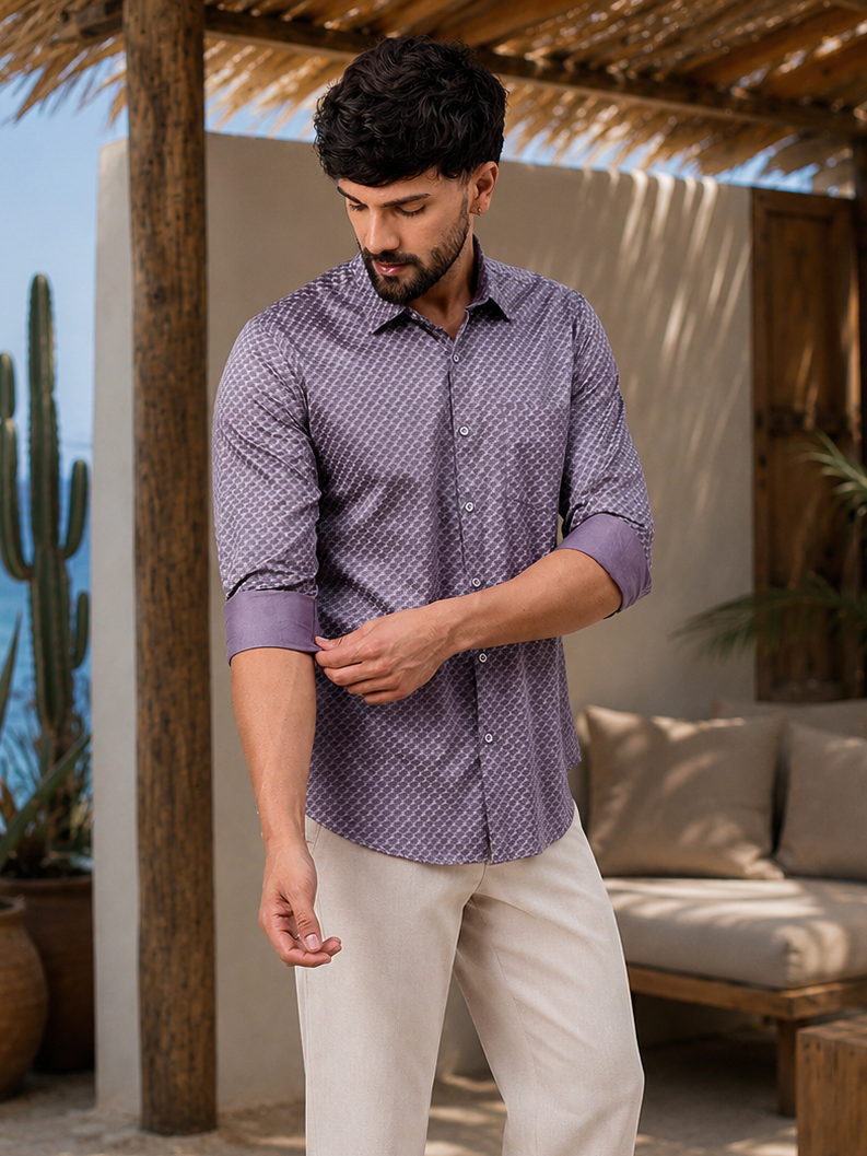 Men Elegant Mauve Geometric Satin Shirt