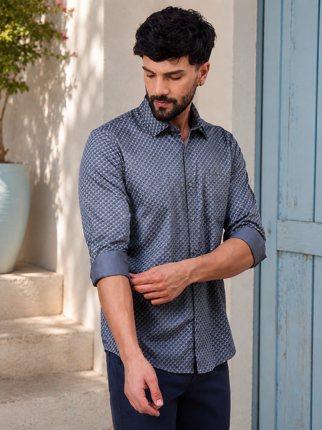 Men Midnight Blue Geometric Satin Shirt