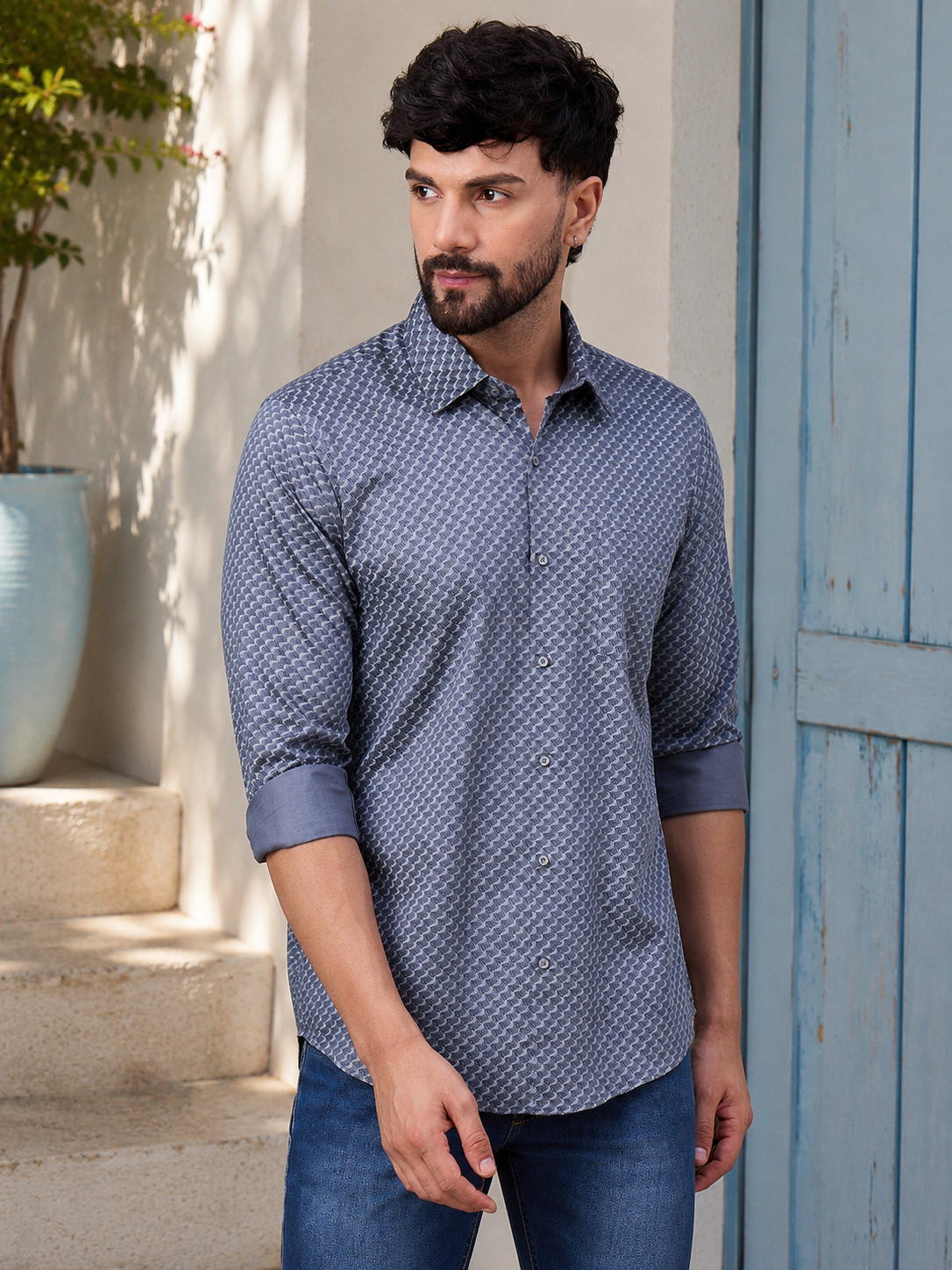 Men Midnight Blue Geometric Satin Shirt