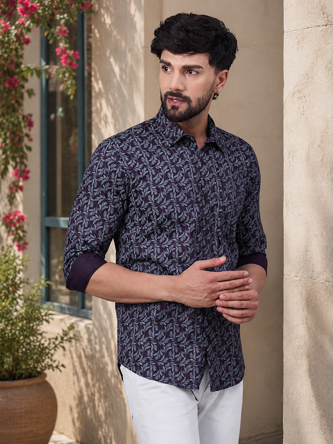 Men Deep Plum Cotton Leafy Print shirt