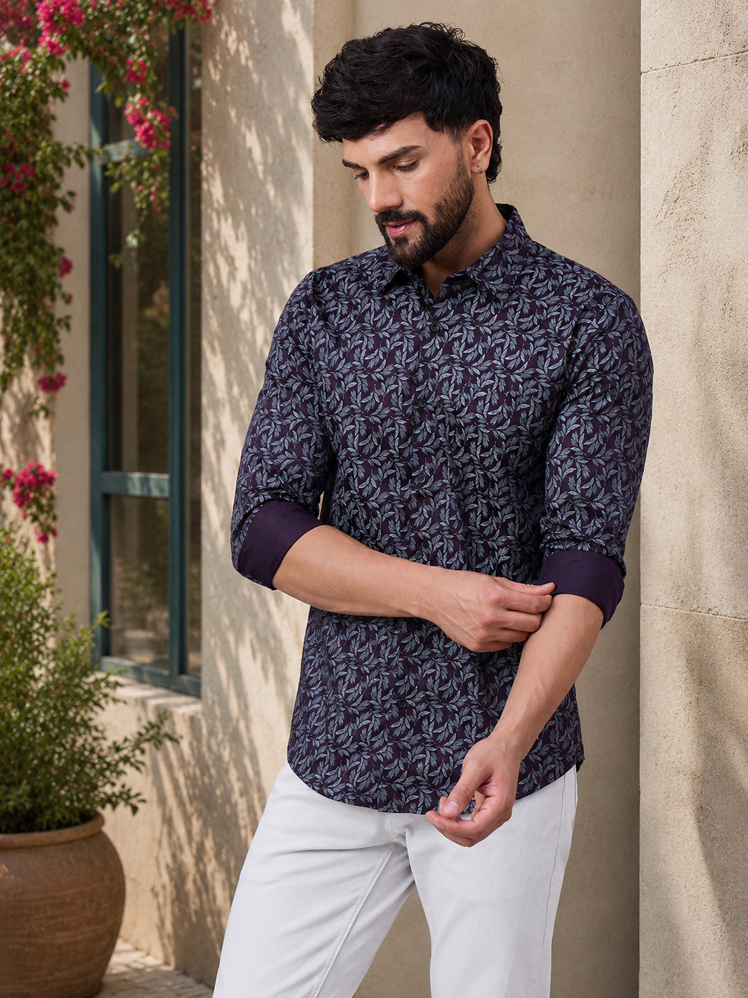 Men Deep Plum Cotton Leafy Print shirt