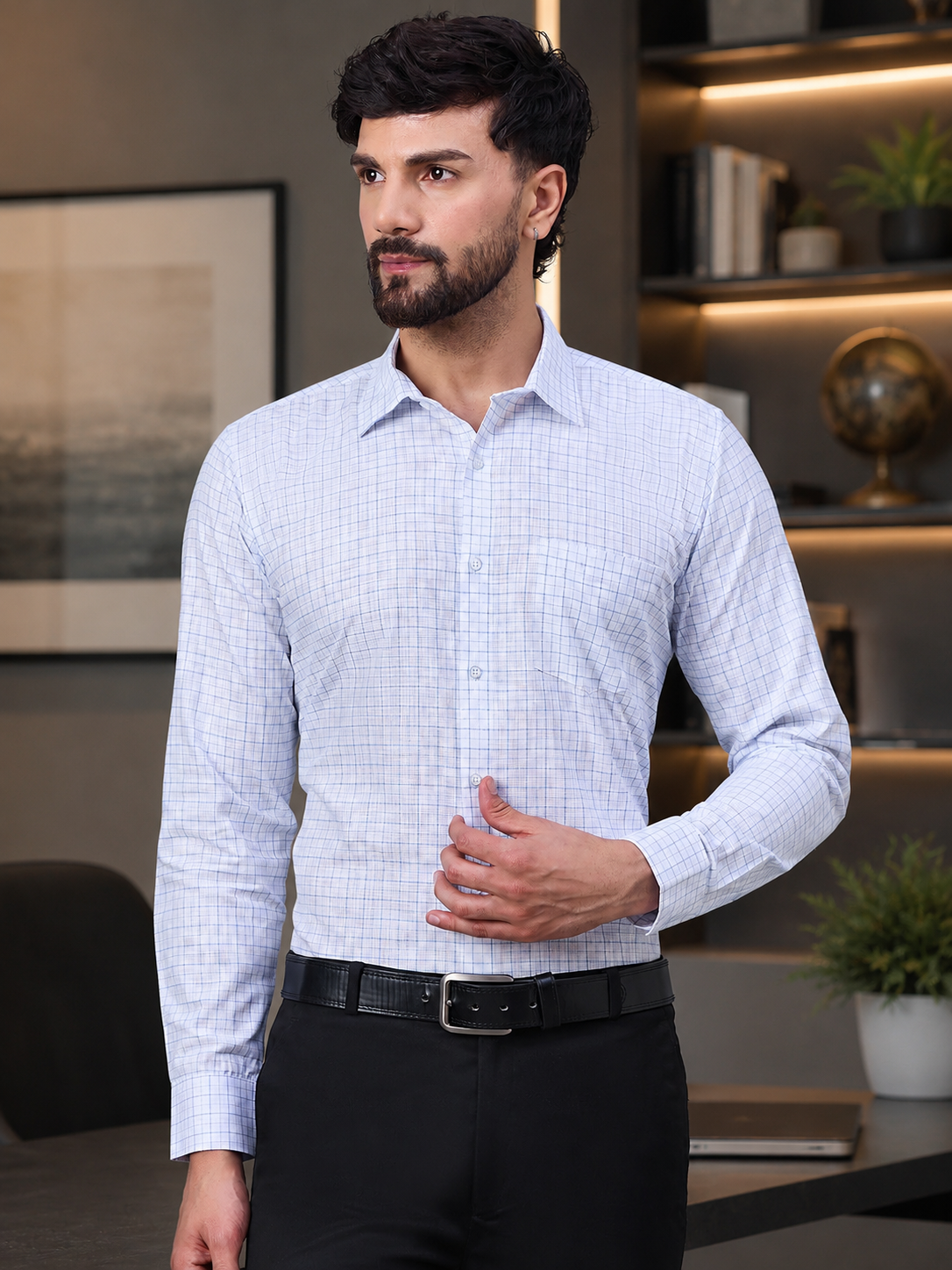 Classic White Slub Cotton Shirt with Blue Checks