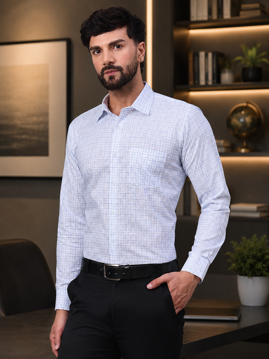 Classic White Slub Cotton Shirt with Blue Checks