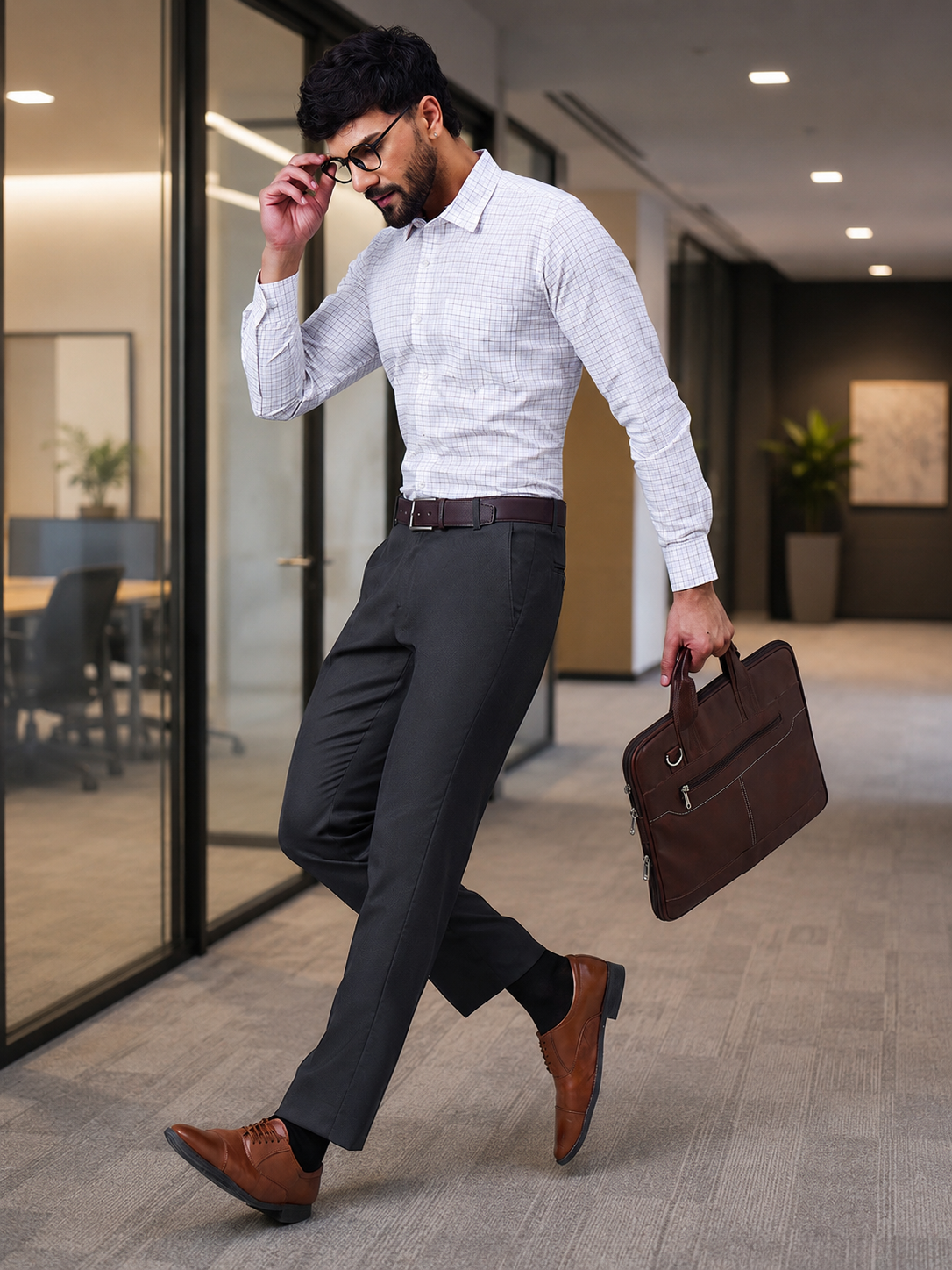 Men Elegant White Slub Cotton Shirt with Subtle Rust Checks