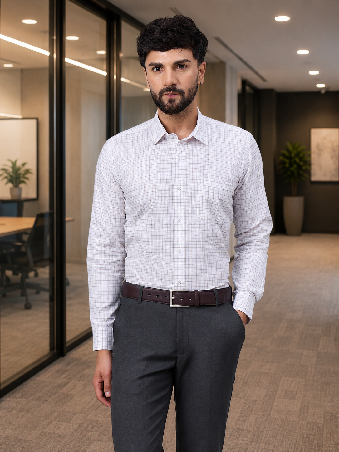 Men Elegant White Slub Cotton Shirt with Subtle Rust Checks