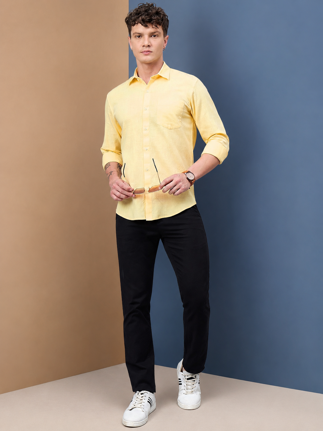 Men Yellow Slub Cotton Shirt
