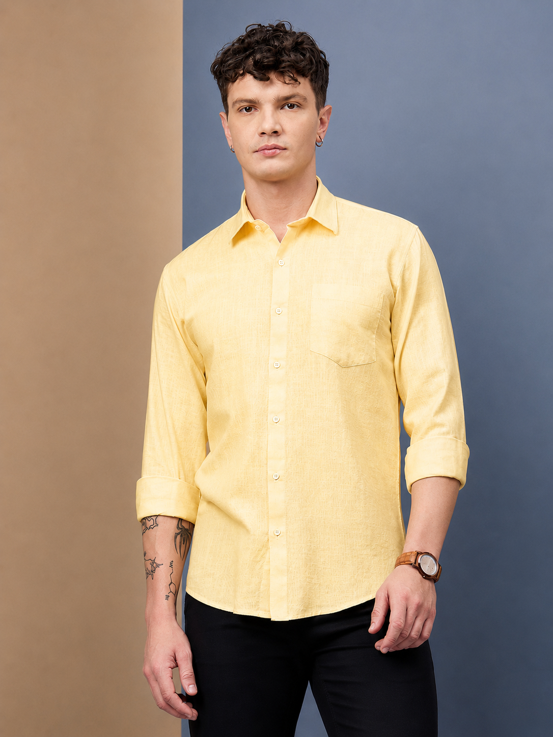 Men Yellow Slub Cotton Shirt