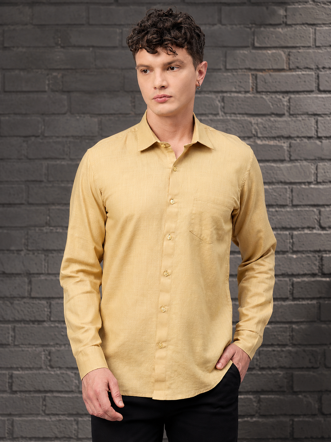 Men Mustard Beige Slub Cotton Shirt