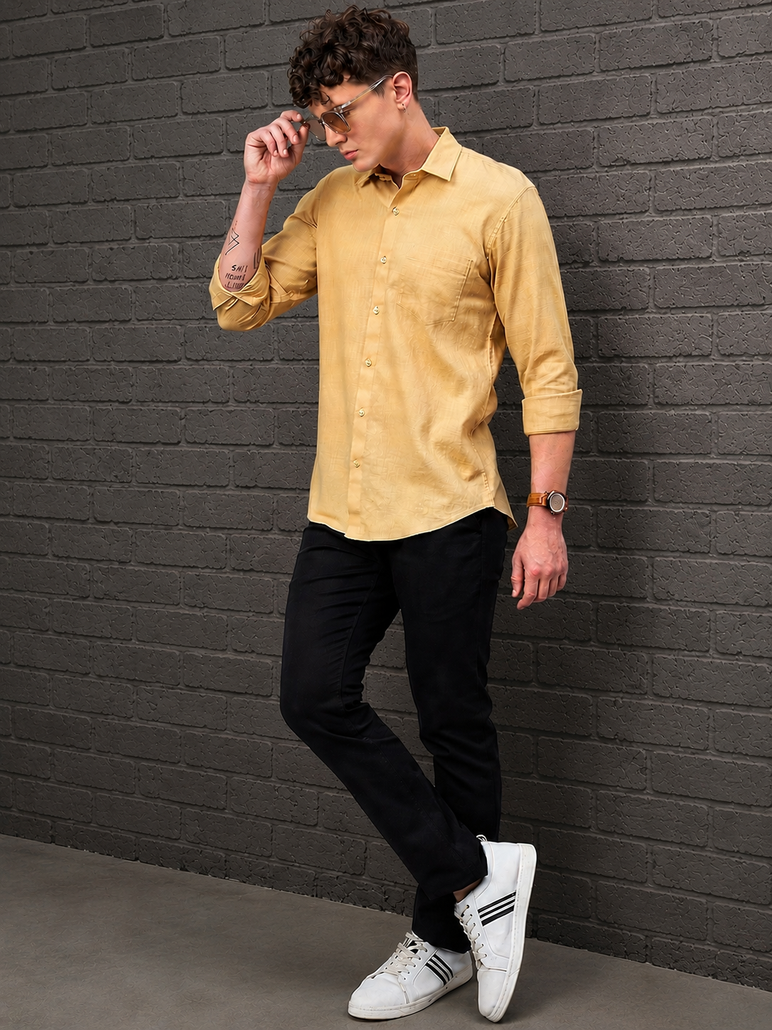 Men Mustard Beige Slub Cotton Shirt
