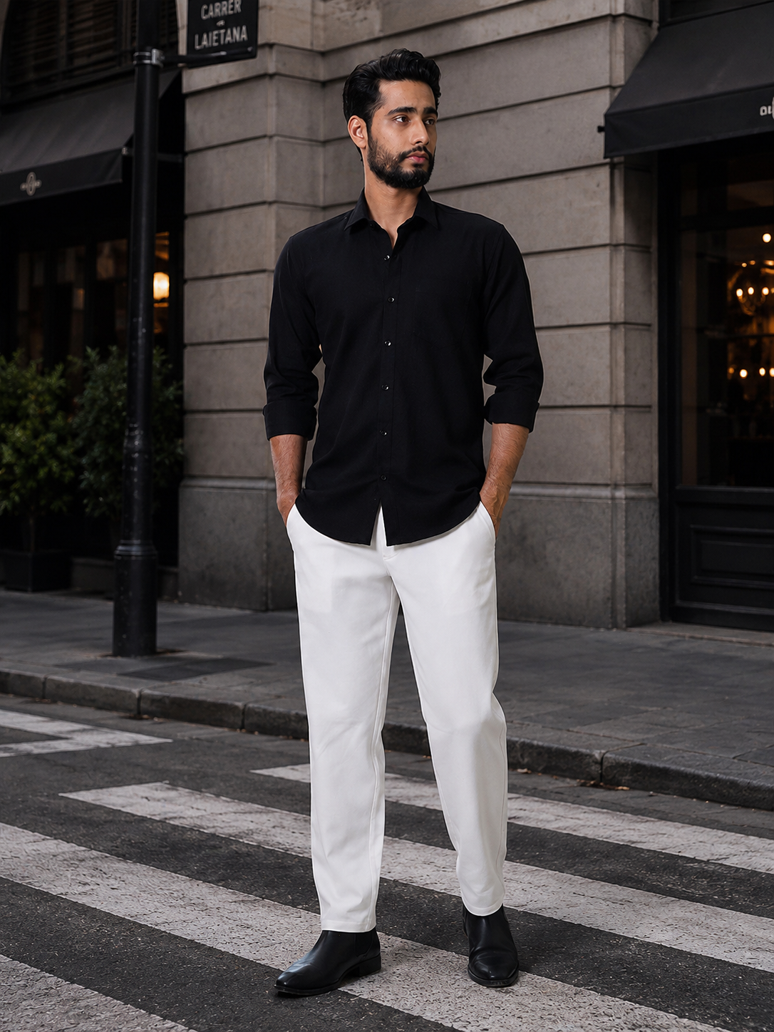 Men Classic Black Slub Cotton Shirt