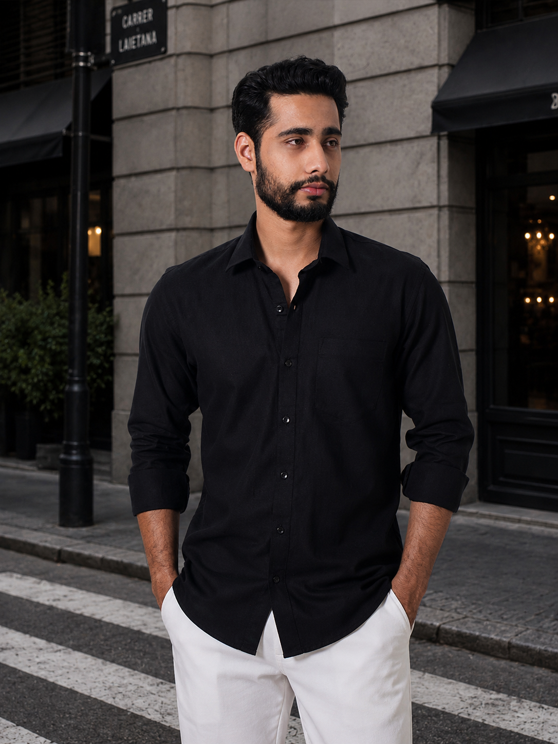 Men Classic Black Slub Cotton Shirt
