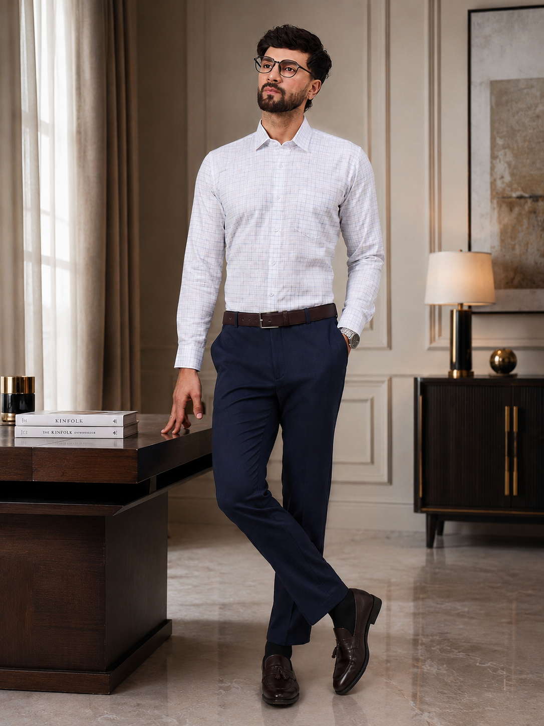 Men White and Blue Slub Checked Shirt