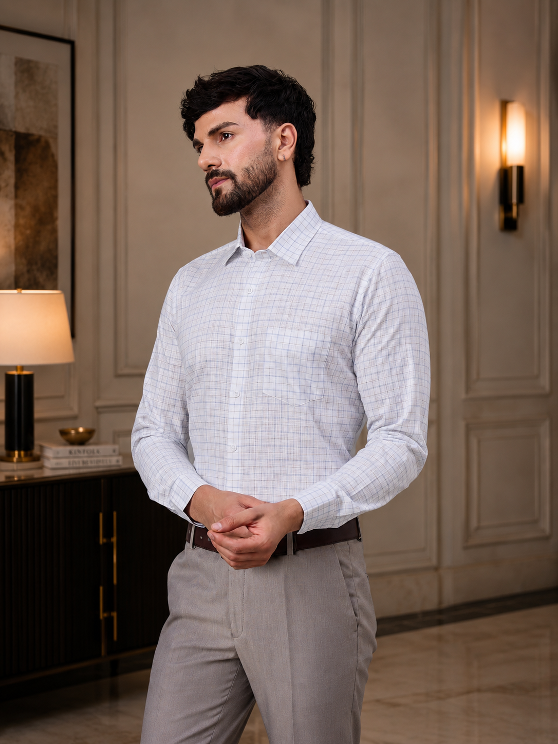 Men White and Blue Slub Checked Shirt