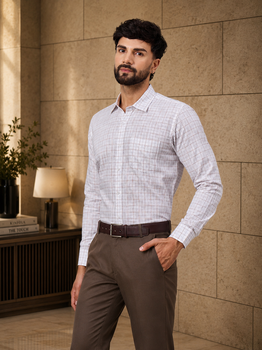 Men Premium White and Yellow Checked Slub Cotton Shirt