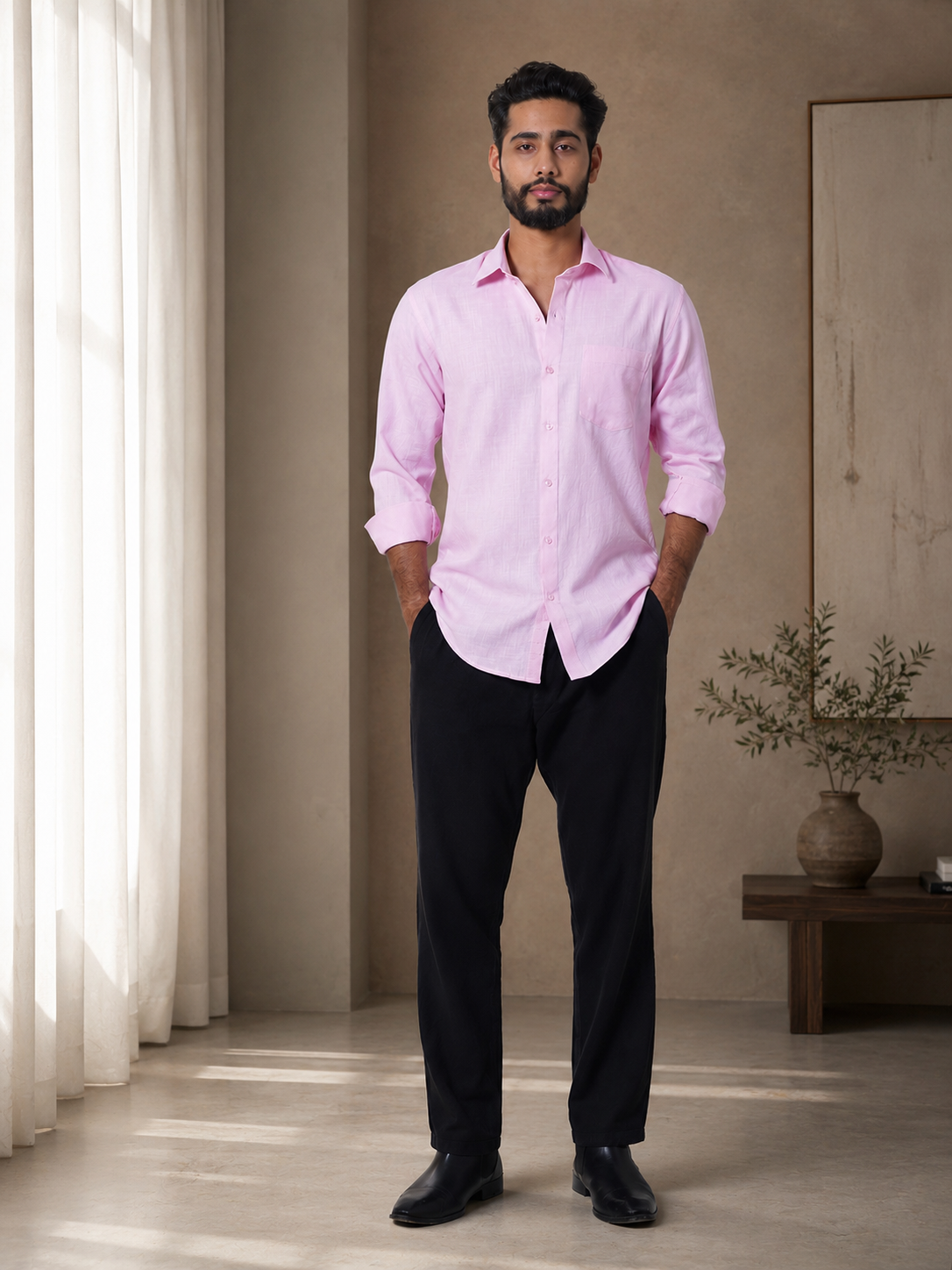 Men Pink Slub Cotton Shirt