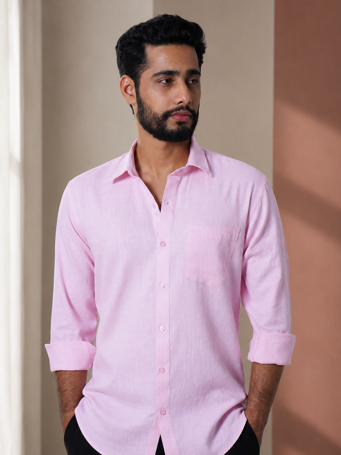 Men Pink Slub Cotton Shirt