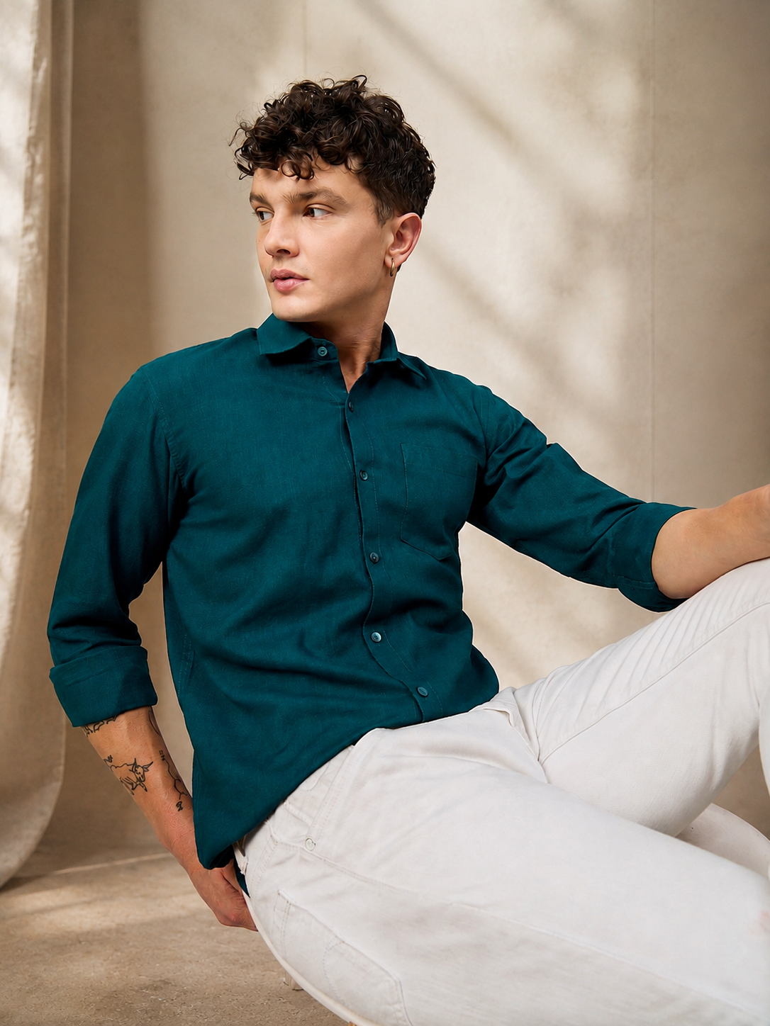 Men Deep Teal Slub Cotton Shirt