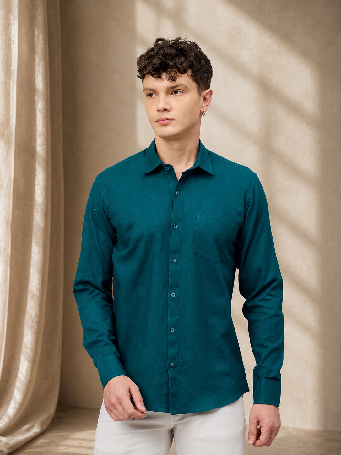 Men Deep Teal Slub Cotton Shirt