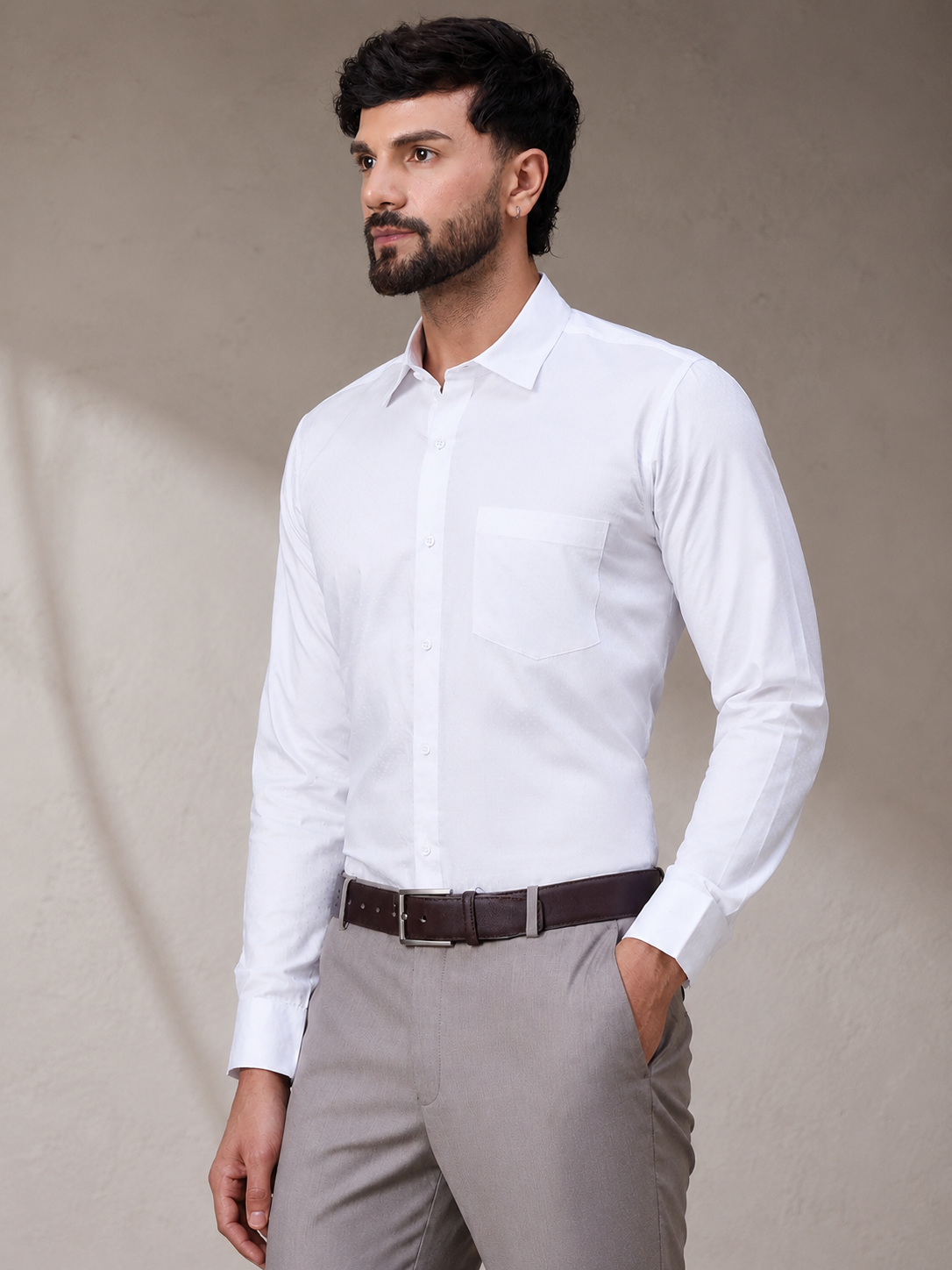 Men Elegant White Satin Self-Texture Formal Shirt