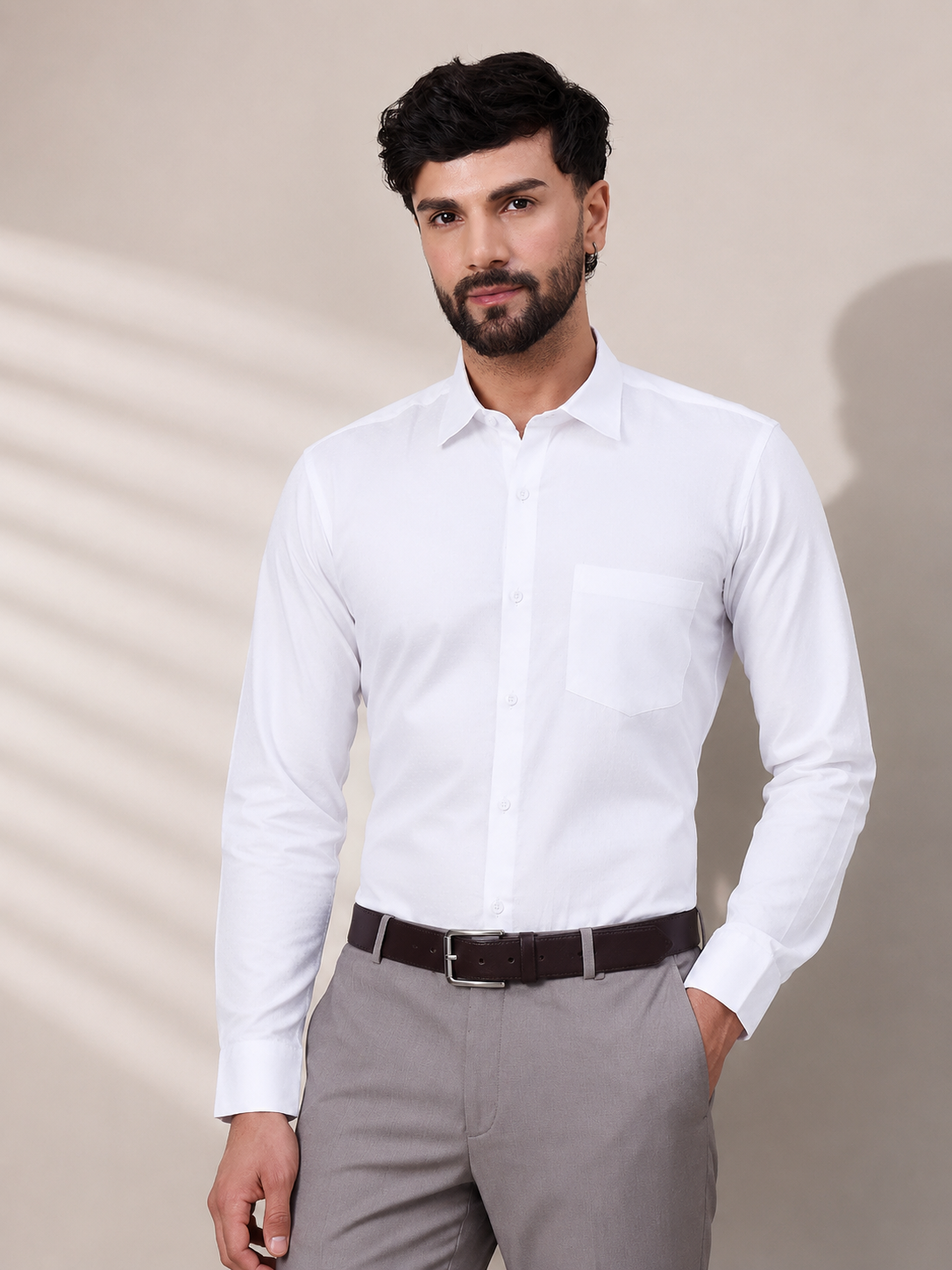 Men Elegant White Satin Self-Texture Formal Shirt