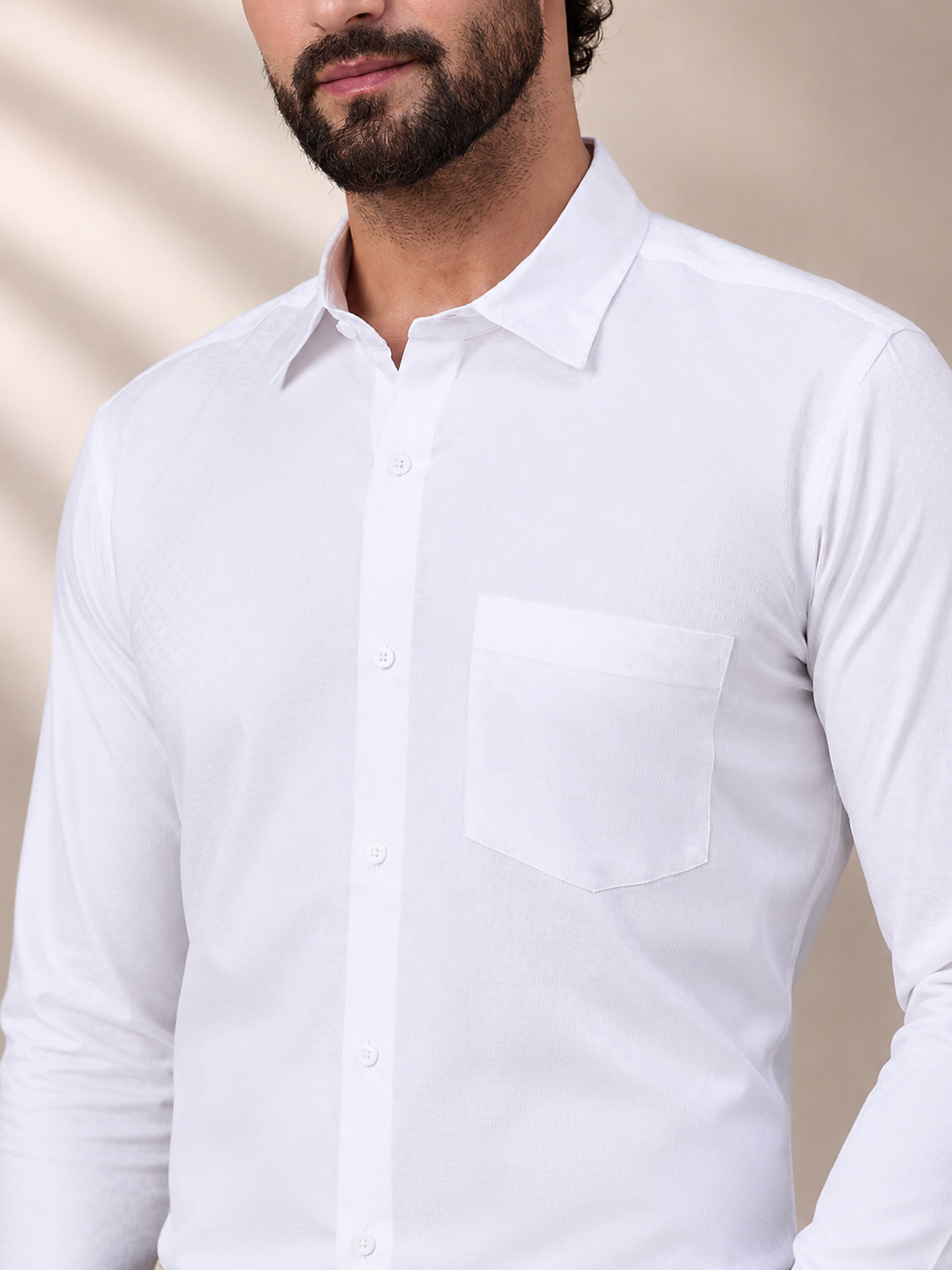 Men Elegant White Satin Self-Texture Formal Shirt