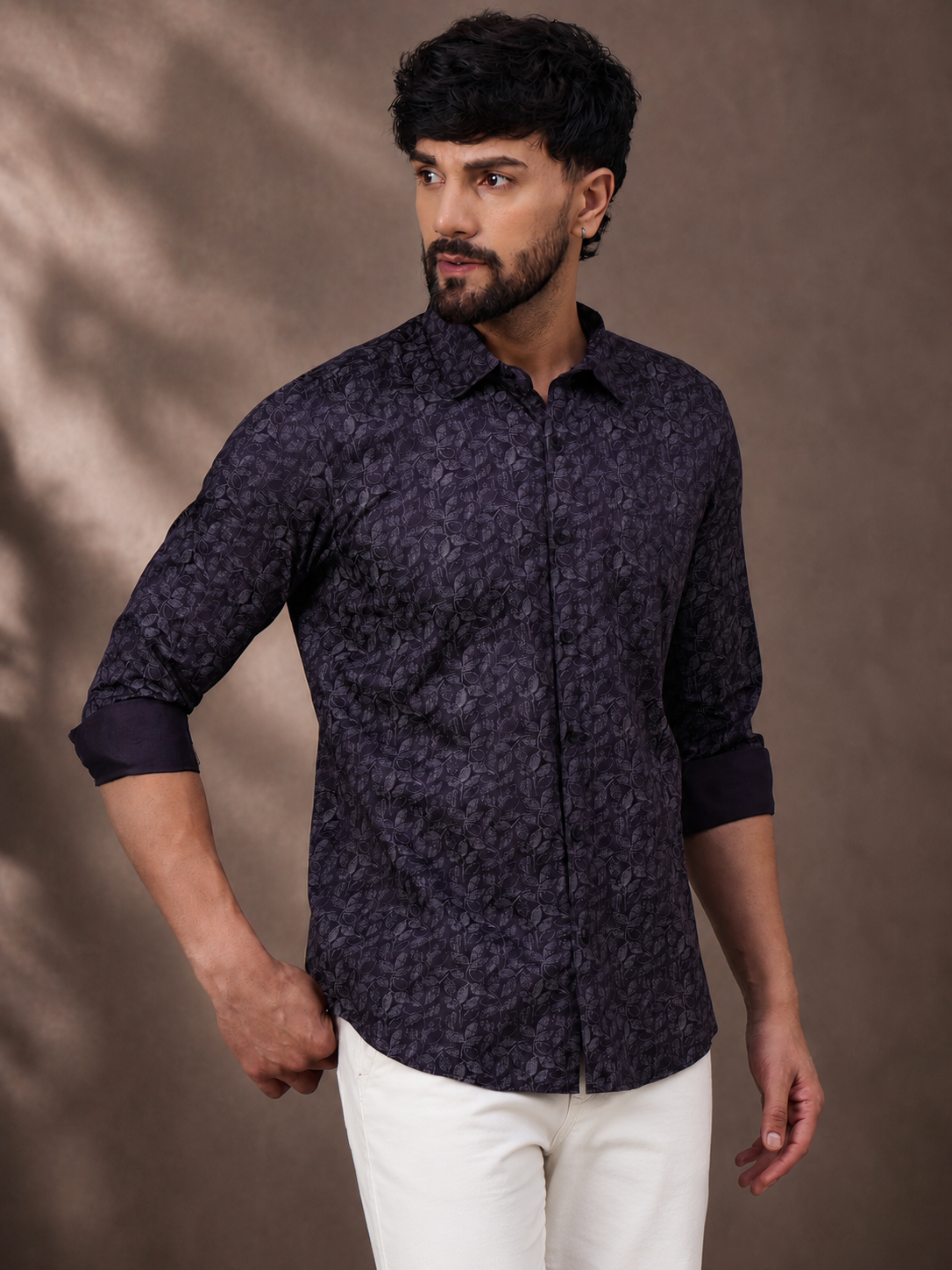 Men wearing deep plum satin printed party shirt