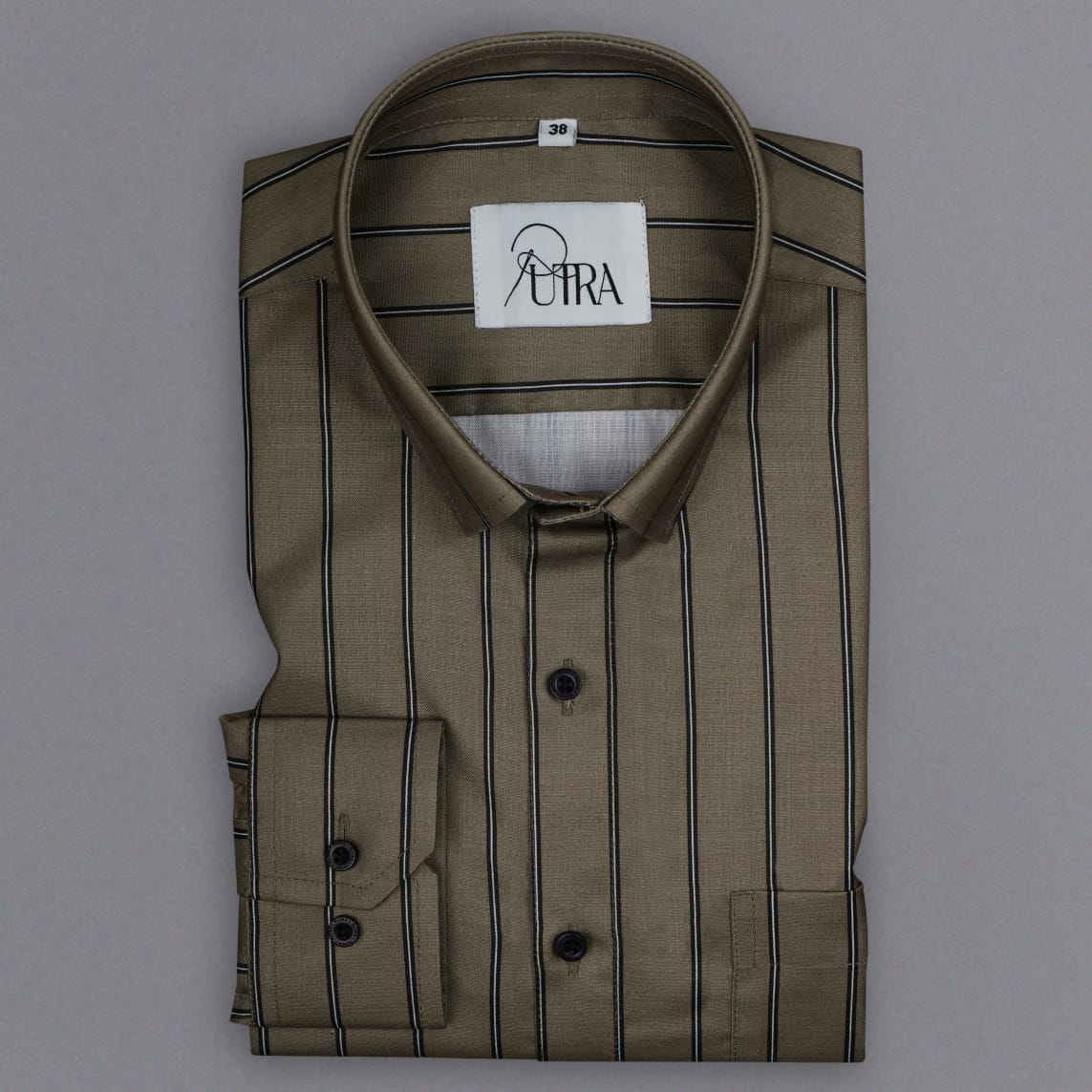 Mens Olive Green Striped Cotton Shirt