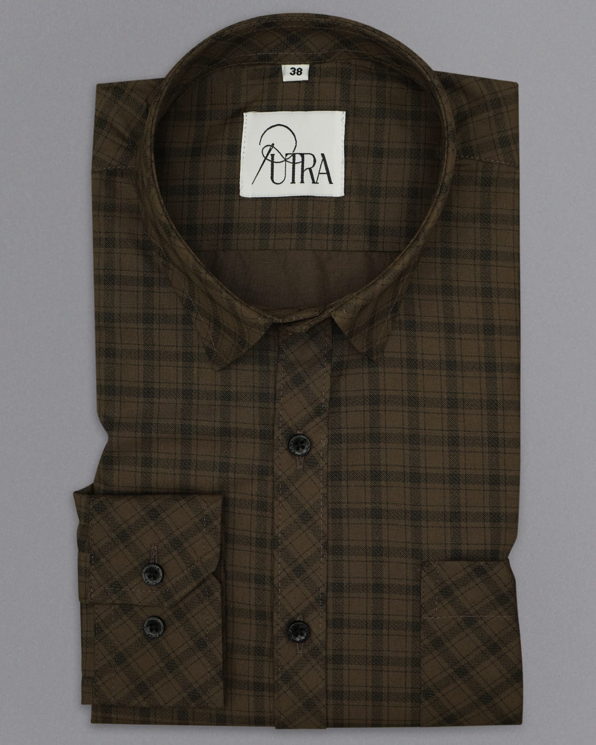 Men Olive Brown Checked Cotton Shirt