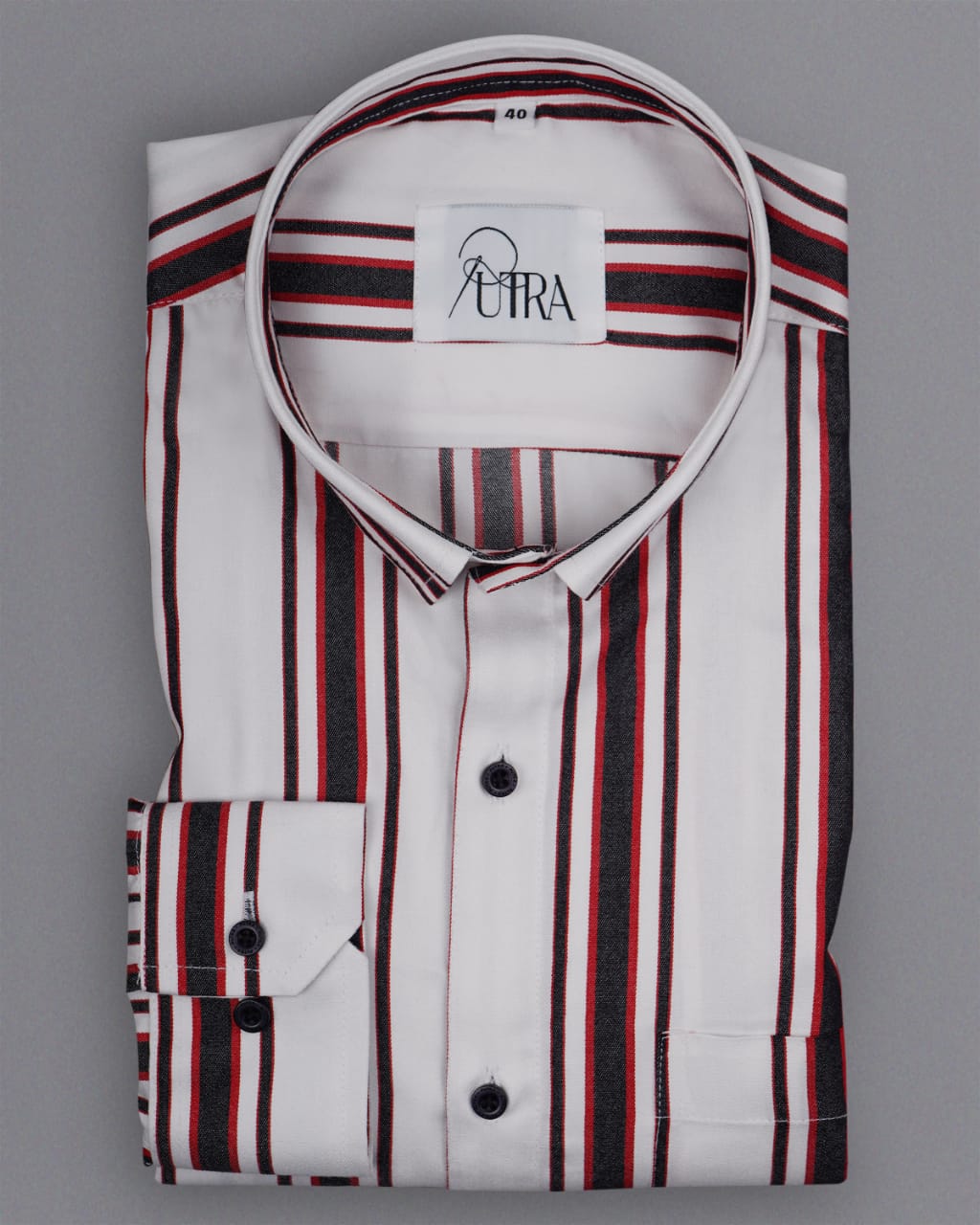 Classic White with Bold Red and Black Stripes Yarn-Dyed Cotton Shirt