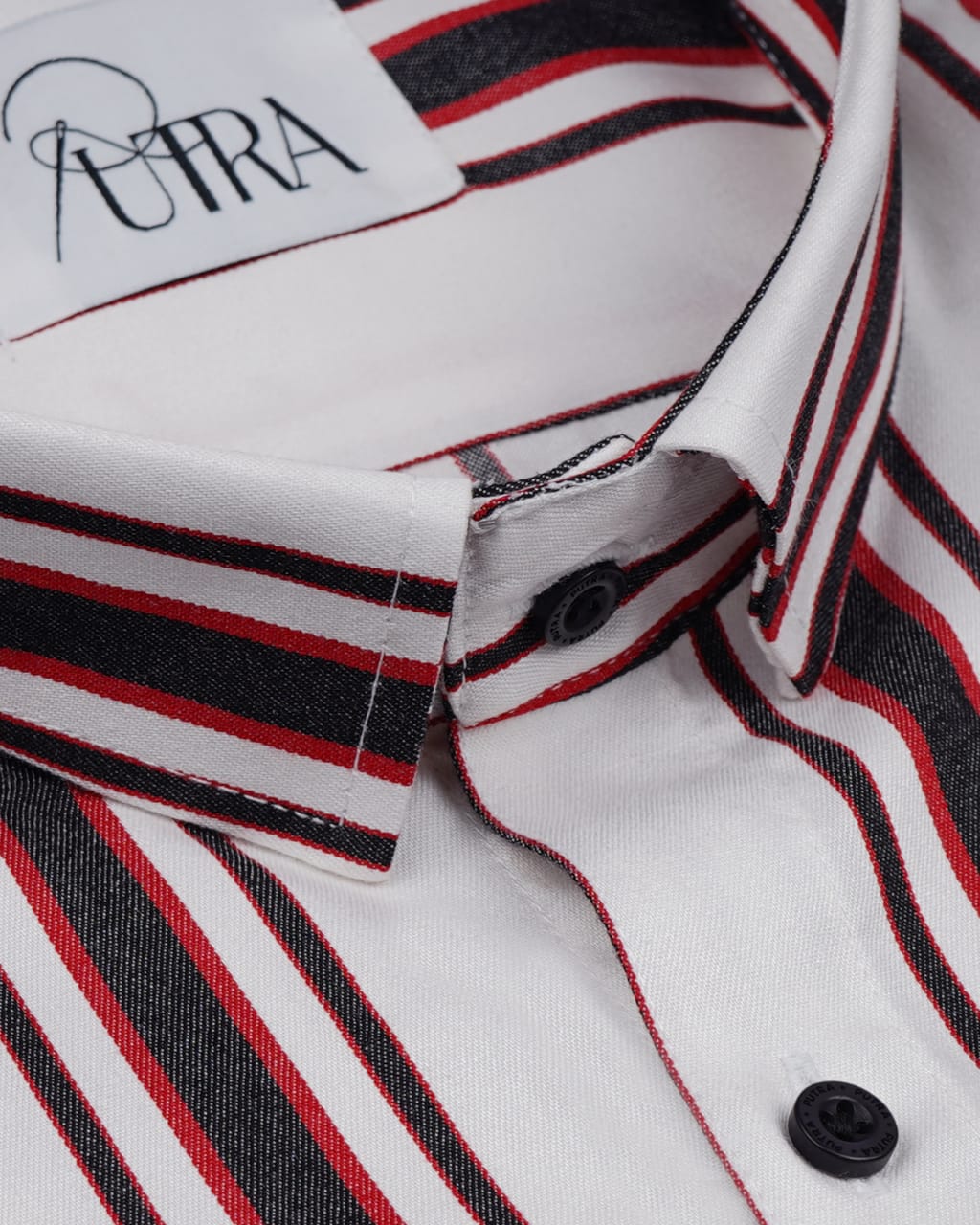 Classic White with Bold Red and Black Stripes Yarn-Dyed Cotton Shirt