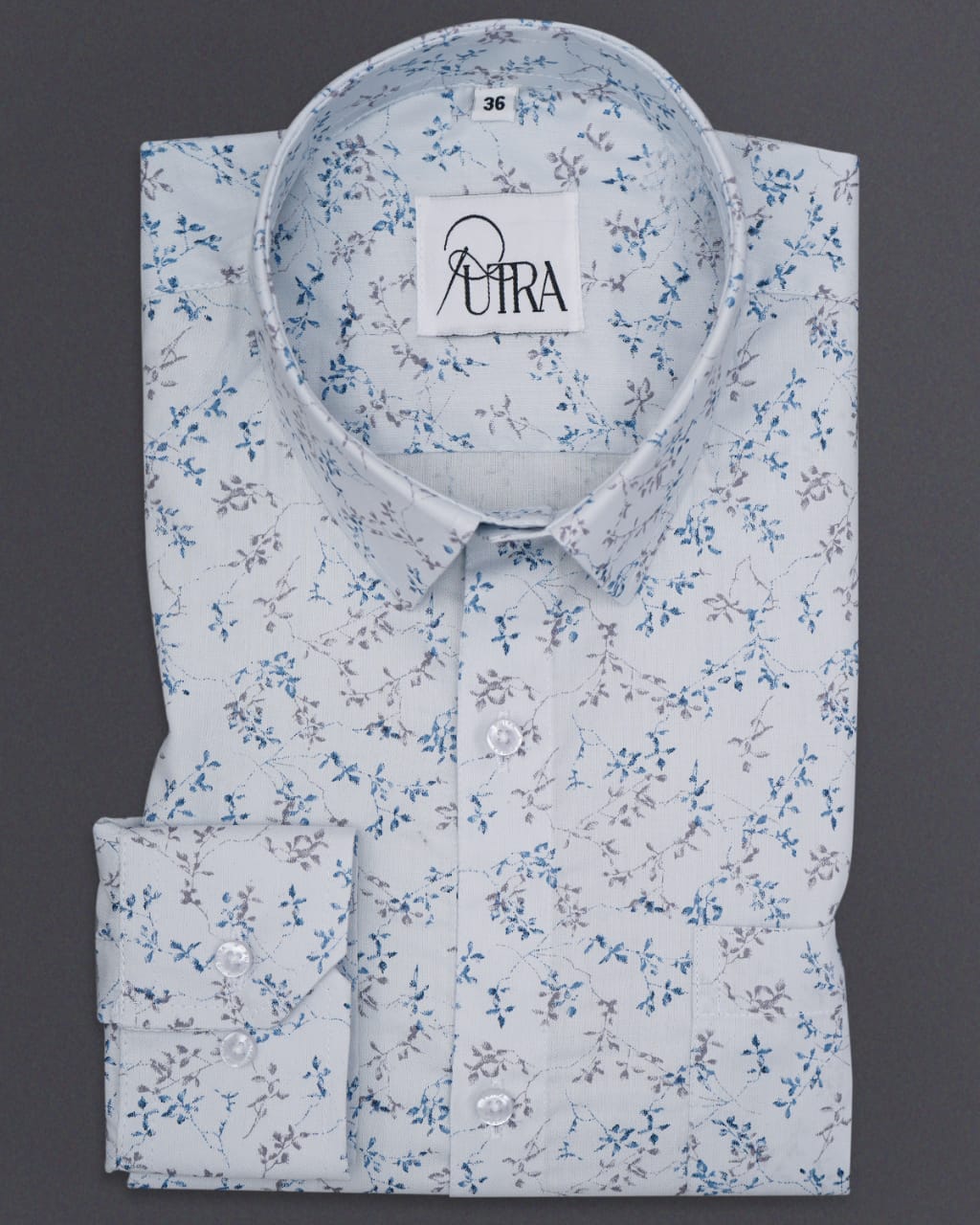 White Floral Shirt with Blue and Grey Accents